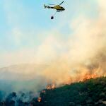 Medios aéreos y terrestres participan este viernes en la labores de extinción de un incendio declarado en el término de El Tiemblo, en Ávila, cerca de la Comunidad de Madrid y de la Reserva Natural del Valle de Iruelas