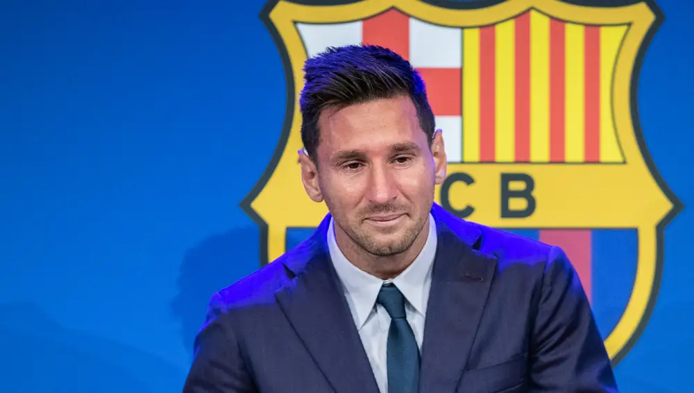 Lionel &quot;Leo&quot; Messi laments during his press conference to talk about his departure from FC Barcelona at Camp Nou stadium on August 08, 2021, in Barcelona, SpainAFP7 08/08/2021 ONLY FOR USE IN SPAIN