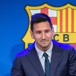 Lionel &quot;Leo&quot; Messi laments during his press conference to talk about his departure from FC Barcelona at Camp Nou stadium on August 08, 2021, in Barcelona, SpainAFP7 08/08/2021 ONLY FOR USE IN SPAIN