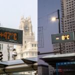 Dos termómetros marcando la temperatura en Madrid. A la izquierda, 47 grados; a la derecha, -8 grados