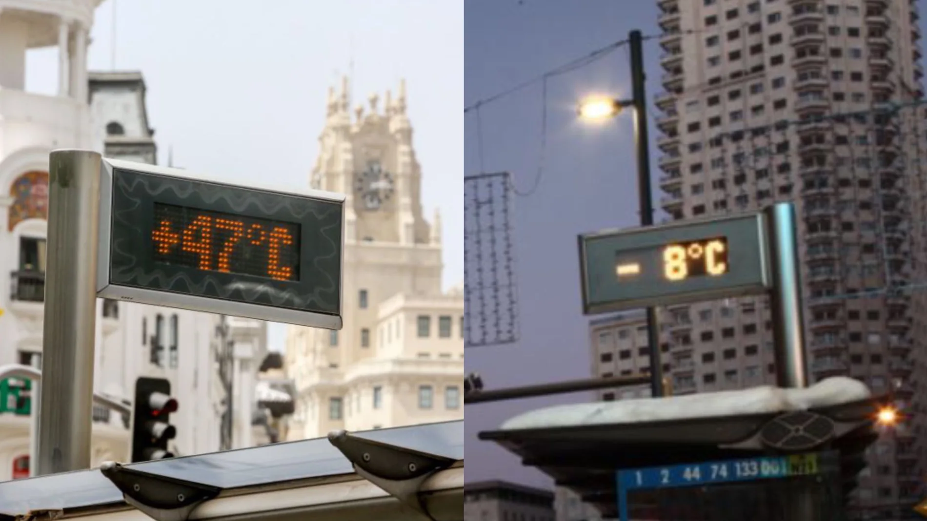 Dos termómetros marcando la temperatura en Madrid. A la izquierda, 47 grados; a la derecha, -8 grados