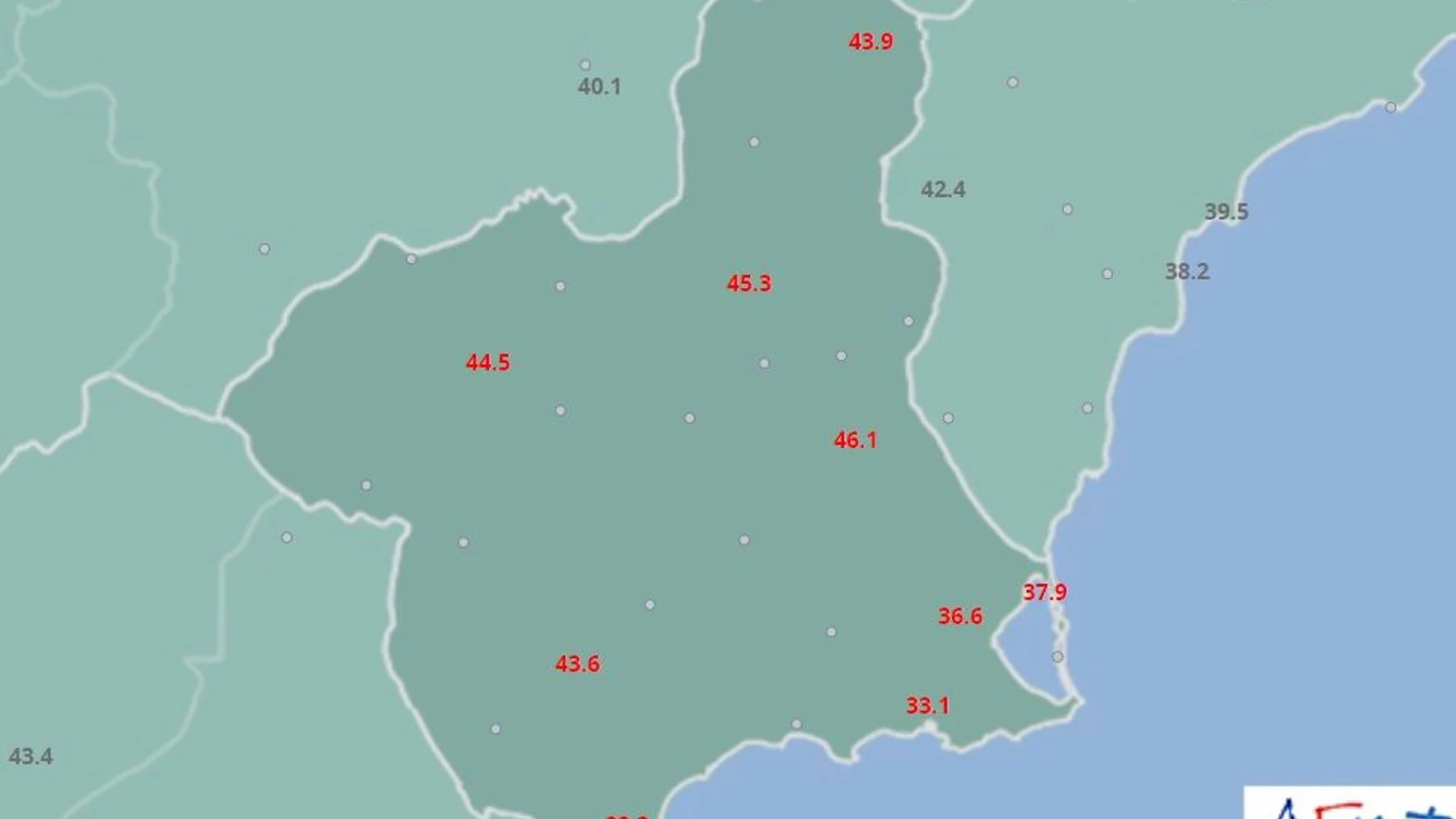 Mapa de temperaturas máximas de este domingo