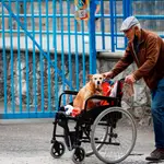 Un hombre pasea a su perro este miércoles junto a una residencia de ancianos de San Sebastián. La incidencia de la pandemia en las residencias vascas de mayores ha aumentado y, a pesar de la vacunación, en las últimas horas cuatro residentes han fallecido y hay ya 119 positivos.