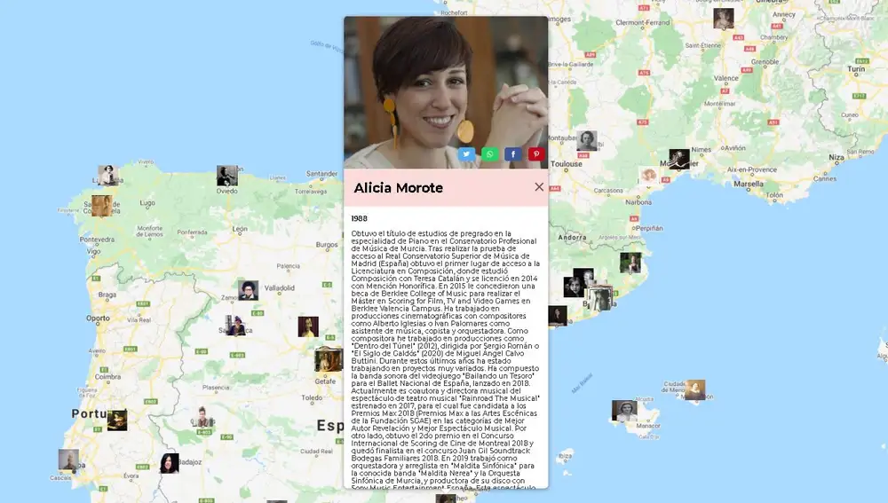 Mapa de España con el perfil desplegado de una de estas creadoras e intérpretes