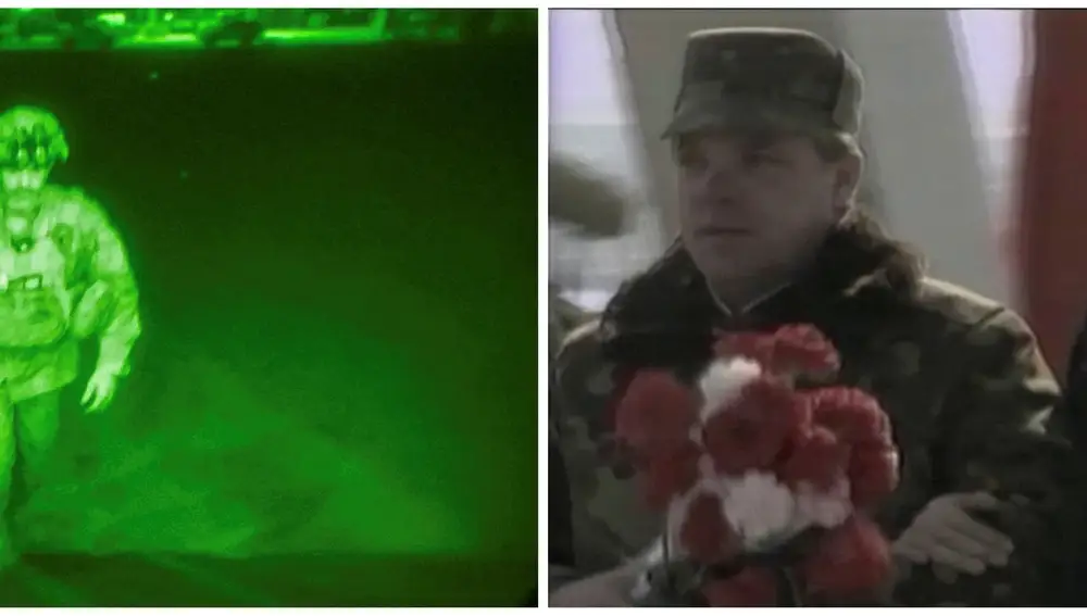 El general de EEUUU Chris Donahue, el último soldado en salir de Afganistán, junto a otra foto que muestra a Boris Gromov, el último militar ruso que salió de Afganistán en 1989 tras la invasión soviética