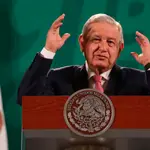 El presidente mexicano, Andrés Manuel López Obrador, durante una rueda de prensa en el Palacio Nacional, en Ciudad de México