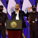 FILE PHOTO: El Salvador&#39;s president, Nayib Bukele, speaks during a deployment ceremony of Salvadoran army soldiers for the Territorial Control plan in San Salvador, El SalvadorJuly 19, 2021. REUTERS/Jose Cabezas/File Photo