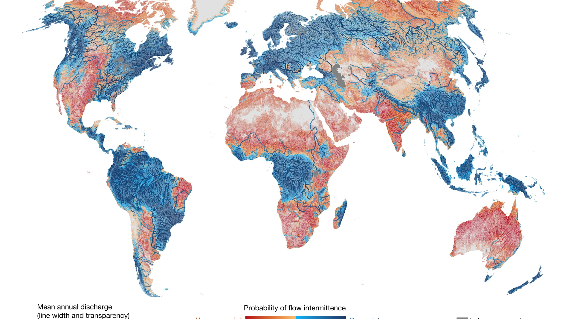Los colores de este mapa representan la probabilidad de que un curso de agua sea permanente: el color azul significa “seguro que tiene agua todo el año” y el color rojo, “seguro que se seca al menos un día al año”. Los colores intermedios representan cuencas y cauces con más incertidumbre.