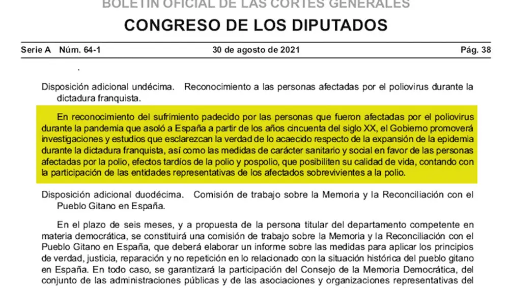 Disposición adicional undécima del Boletín Oficial de las Cortes, que recoge el apartado sobre poliovirus