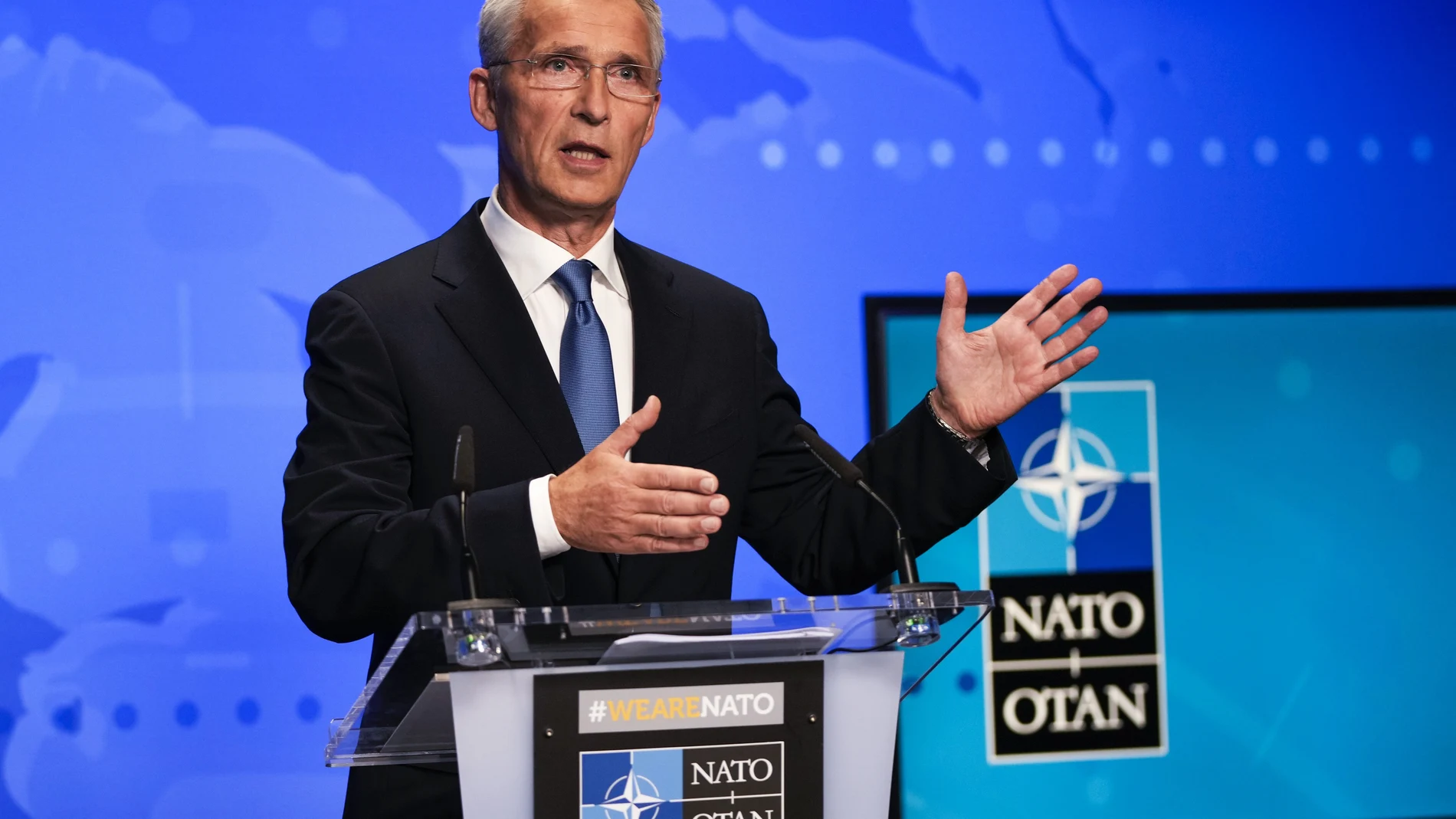 FILE - In this Friday, Aug. 20, 2021 file photo, NATO Secretary General Jens Stoltenberg gestures during an online news conference at NATO headquarters in Brussels. NATO Secretary-General Jens Stoltenberg urged China Monday, Sept. 6, 2021 to join international efforts to limit the spread of nuclear weapons amid concern that the country is rapidly developing missiles capable of carrying atomic warheads. (AP Photo/Francisco Seco, Pool, File)