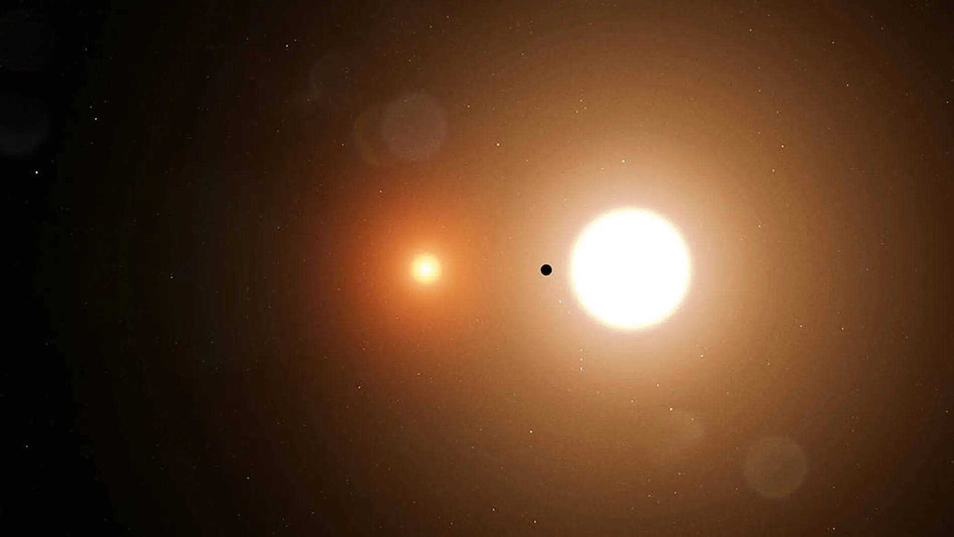 Recreación artística de un planeta orbitando una de las estrellas de un sistema binario