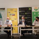 Ricardo Serra (Asaja), Miguel López (COAG), Cristóbal Gallego (Cooperativas Agro-alimentarias de Andalucía) y Cristóbal Cano (UPA), durante la rueda de prensa de este martes