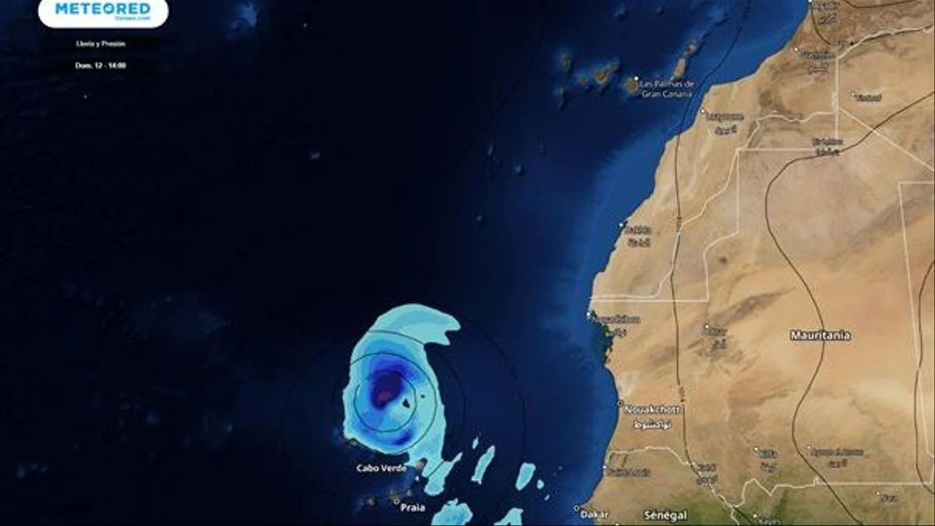 Posible ciclón tropical al norte de Cabo Verde y con tendencia a aproximarse ligeramente a Canarias (mapa con la previsión para el domingo).