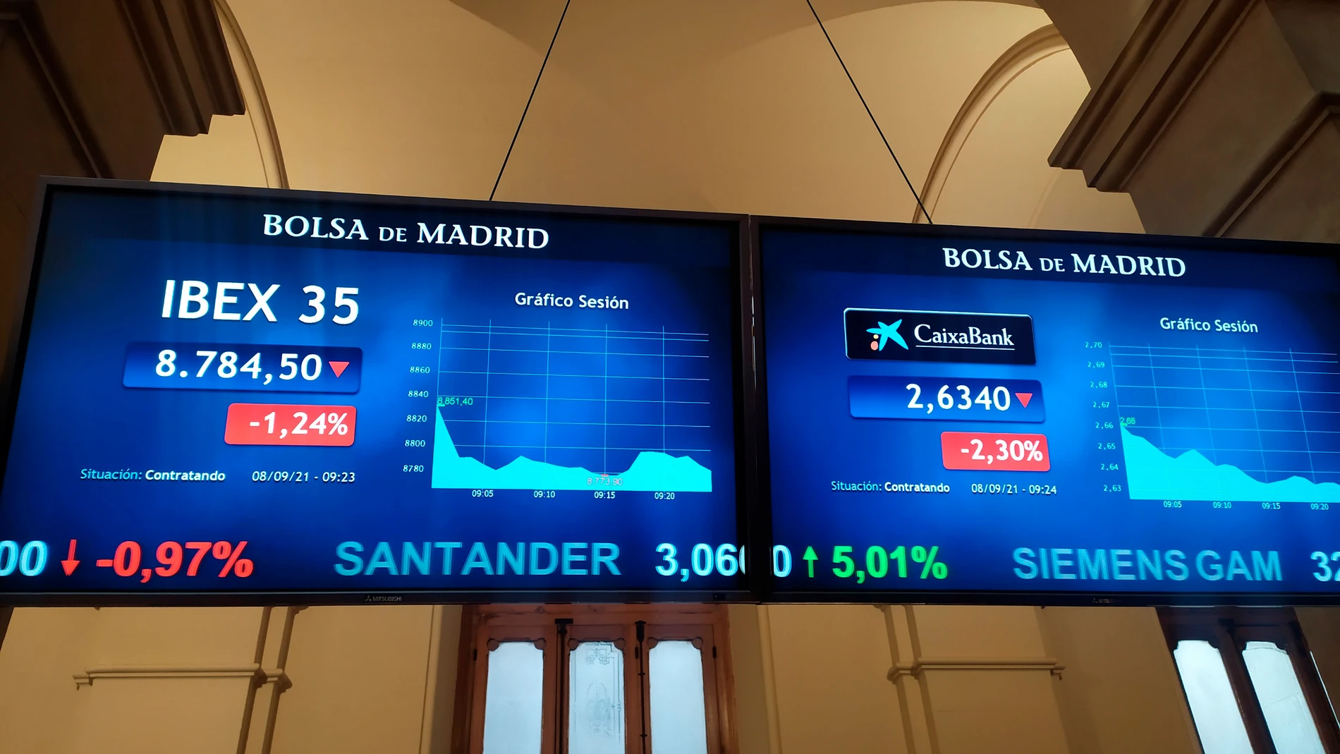 Vista de la pantalla con el Ibex 35 este miércoles, 8 de septiembre