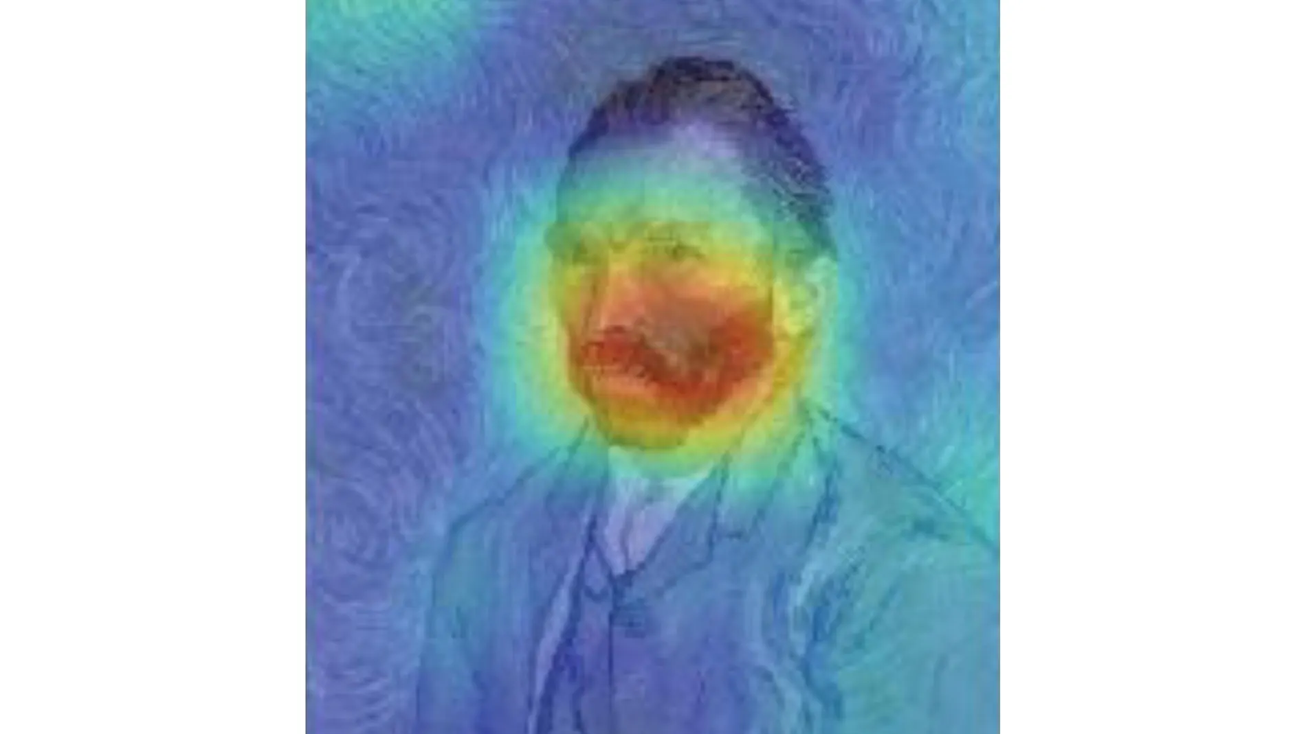 Imagen procesada del autorretrato de Van Gogh que resalta los píxeles relevantes para predecir el estilo postimpresionista del pintor.