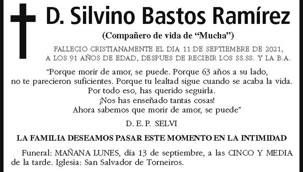 Esquela de Silvino Bastos Ramírez