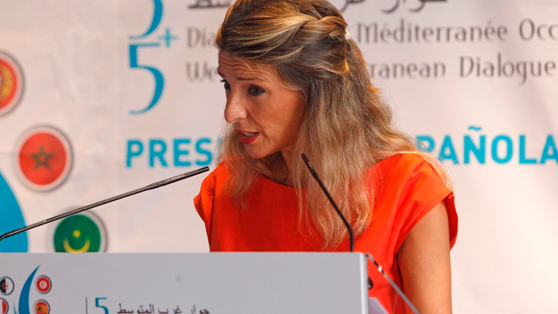 La Vicepresidenta segunda y ministra de Trabajo y Economía Social, Yolanda Díaz durante la rueda de prensa y presentación del Foro Mediterráneo Occidental