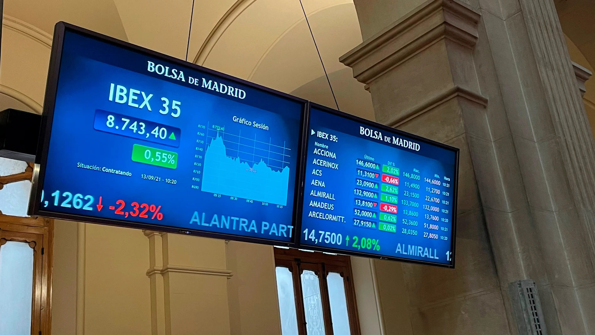 Vista de una pantalla con el Ibex 35 este lunes 13 de septiembre.