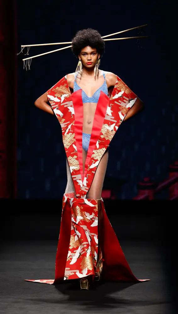A model wears at collection runway a creation from “ Andres Sardá “ during Pasarela Cibeles Mercedes-Benz Fashion Week Madrid 2021 in Madrid, on 16 September 2021.