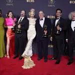 Moses Ingram, from left, Marielle Heller, Scott Frank, Anya Taylor-Joy, William Horberg, Mick Aniceto and Marcus Loges, winners of the award for outstanding directing for a limited or anthology series or movie for &quot;The Queen&#39;s Gambit&quot;, pose at the 73rd Primetime Emmy Awards on Sunday, Sept. 19, 2021, at L.A. Live in Los Angeles. (AP Photo/Chris Pizzello)