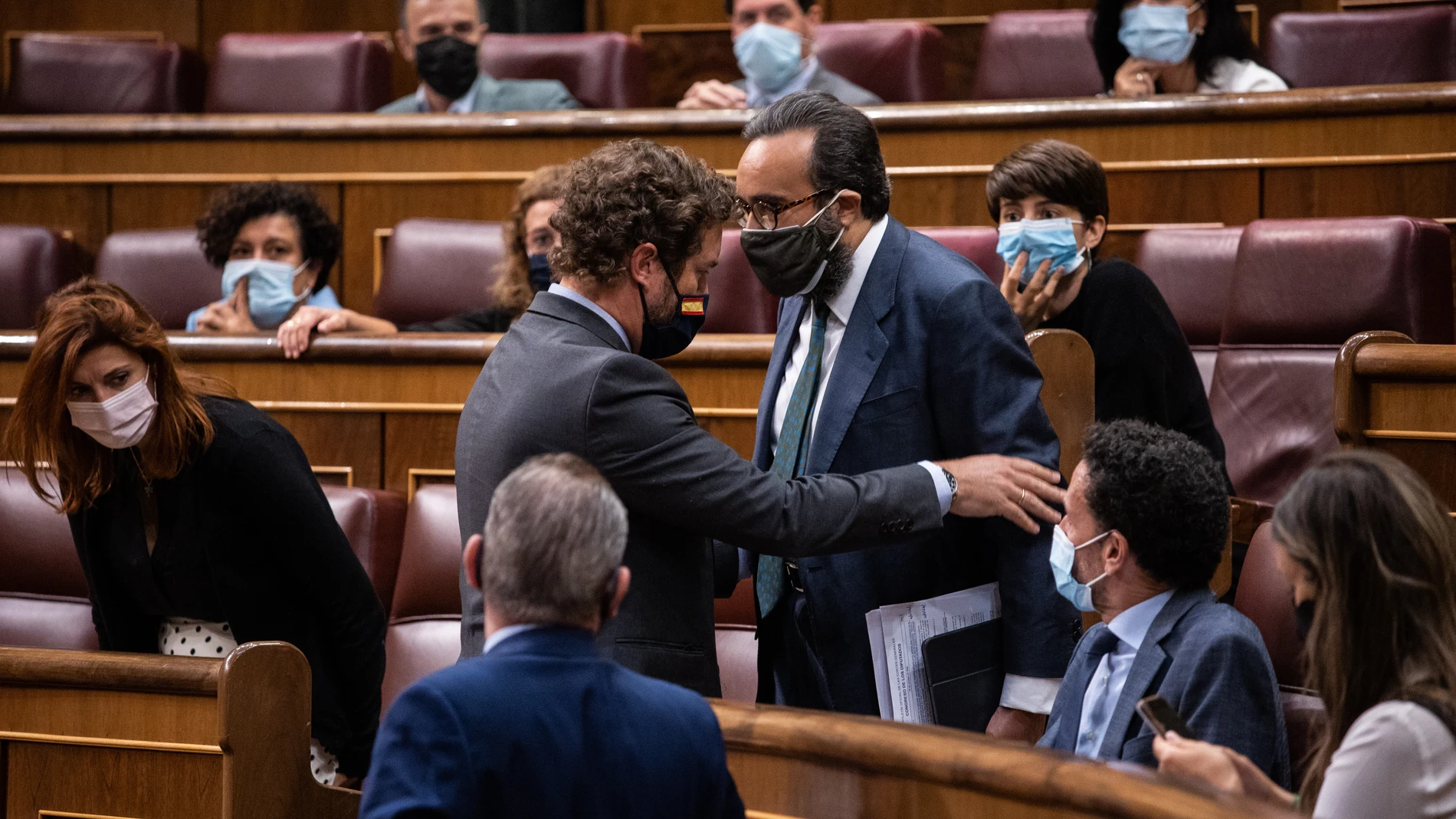 El portavoz de Vox Congreso de los Diputados, Iván Espinosa de los Monteros (i), hace sentar al diputado de VOX, Jose María Sánchez García