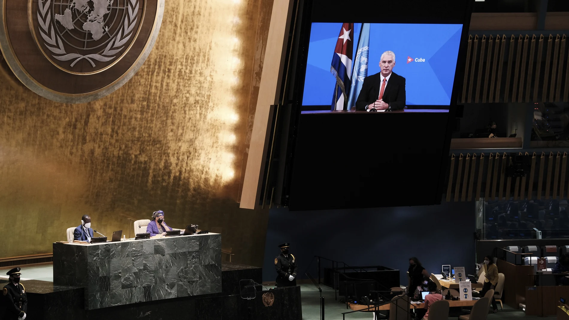 The President of Cuba, Miguel Mario DÃaz-Canel Bermúdez speaks via video link at the 76th Session of the U.N. General Assembly at United Nations headquarters in New York, on Thursday, Sept. 23, 2021. (Spencer Platt/Pool Photo via AP)