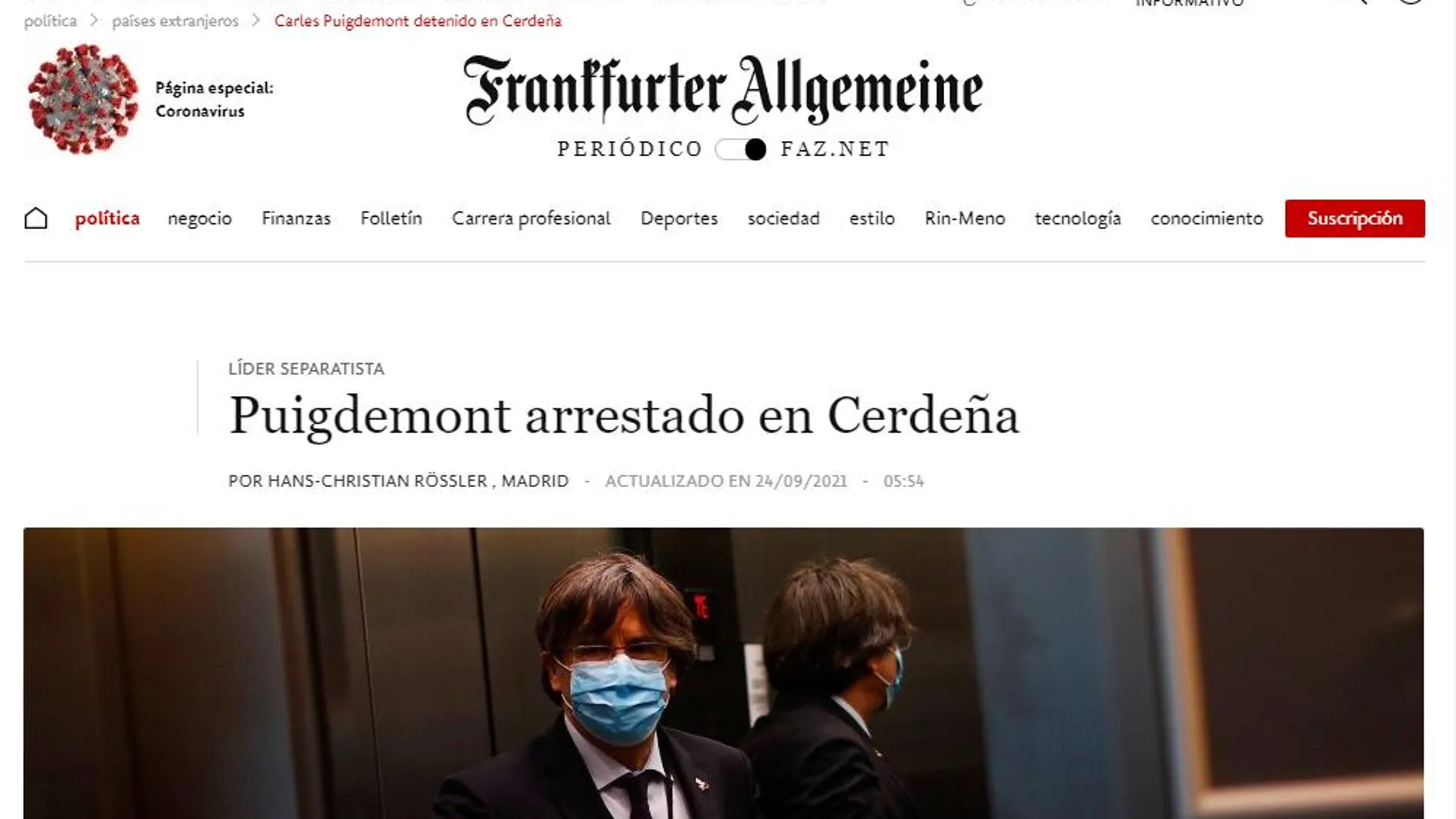 Edición digital del diario alemán Frankfurter Allgemeine con la detención de Carles Puigdemont