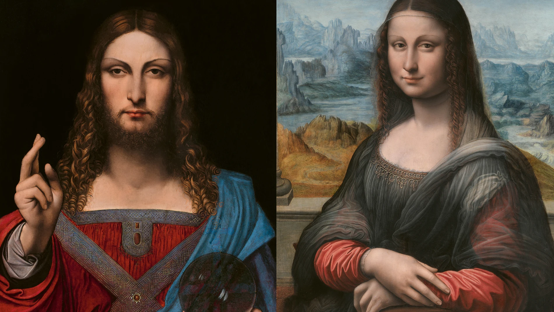 A la izquierda, el «Salvator Mundi», y, a la derecha, la «Mona Lisa». Ambas obras son de un discípulo cuyo nombre todavía se desconoce