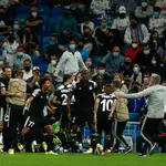 Sebastien Thill of Sheriff celebrates a goal with teammates during the UEFA Champions League, Group D, football match played between Real Madrid and FC Sheriff Tiraspol at Santiago Bernabeu stadium on Septenber 28, 2021, in Madrid, Spain.AFP7 28/09/2021 ONLY FOR USE IN SPAIN