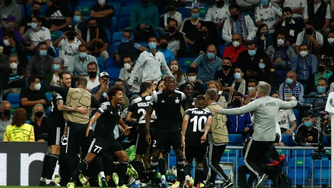 Sebastien Thill of Sheriff celebrates a goal with teammates during the UEFA Champions League, Group D, football match played between Real Madrid and FC Sheriff Tiraspol at Santiago Bernabeu stadium on Septenber 28, 2021, in Madrid, Spain.AFP7 28/09/2021 ONLY FOR USE IN SPAIN