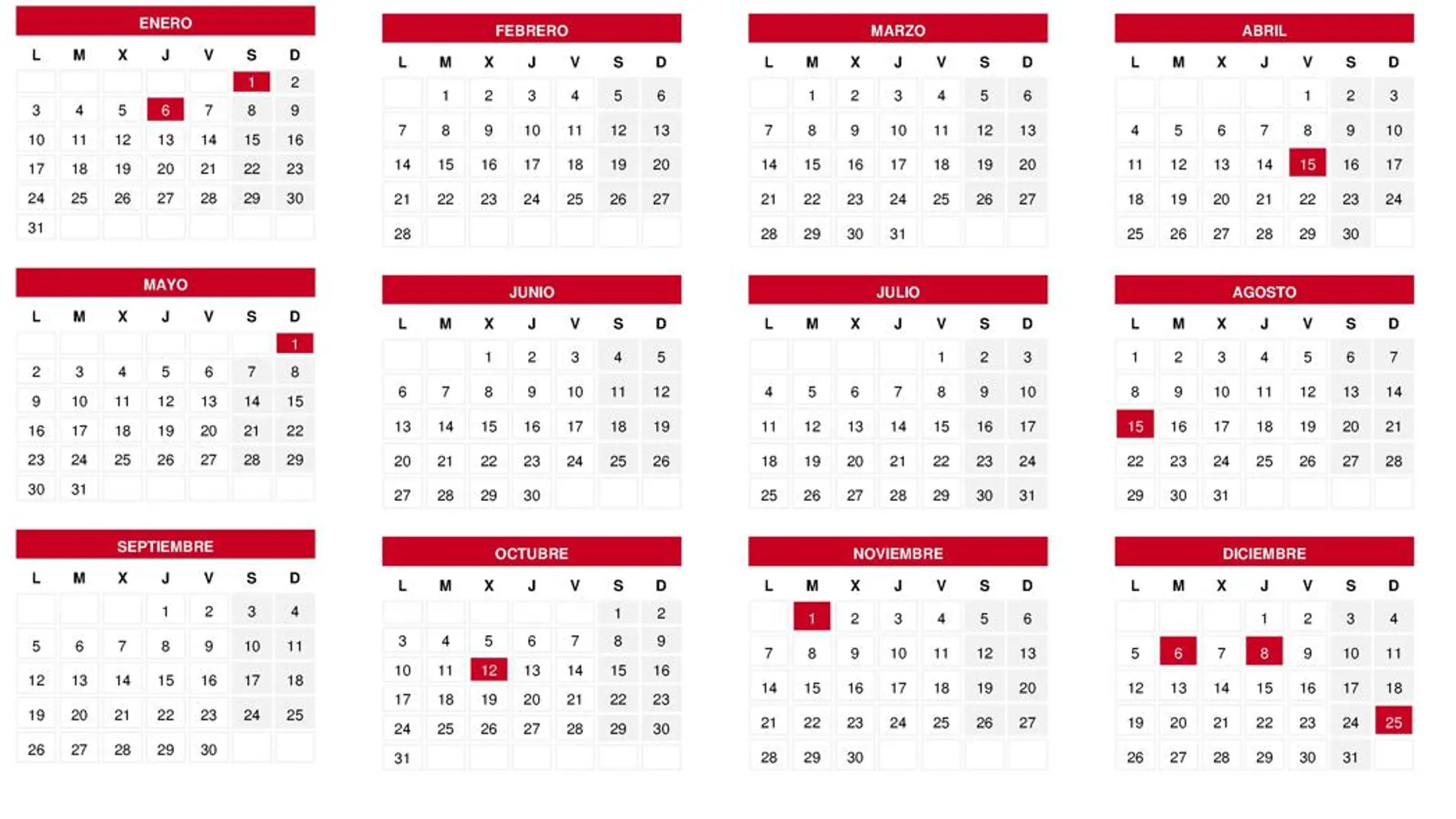Calendario laboral con los días festivos a nivel nacional