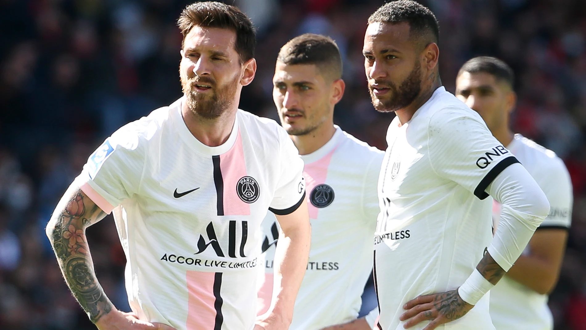 Lionel Messi, Marco Verratti, Neymar Jr of PSG during the French championship Ligue 1 football match between Stade Rennais and Paris Saint-Germain (PSG) on October 3, 2021 at Roazhon Park in Rennes, France - Photo Jean Catuffe / DPPIAFP7 03/10/2021 ONLY FOR USE IN SPAIN