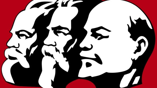 De izquierda a derecha, Karl Marx, Friedrich Engels y Lenin