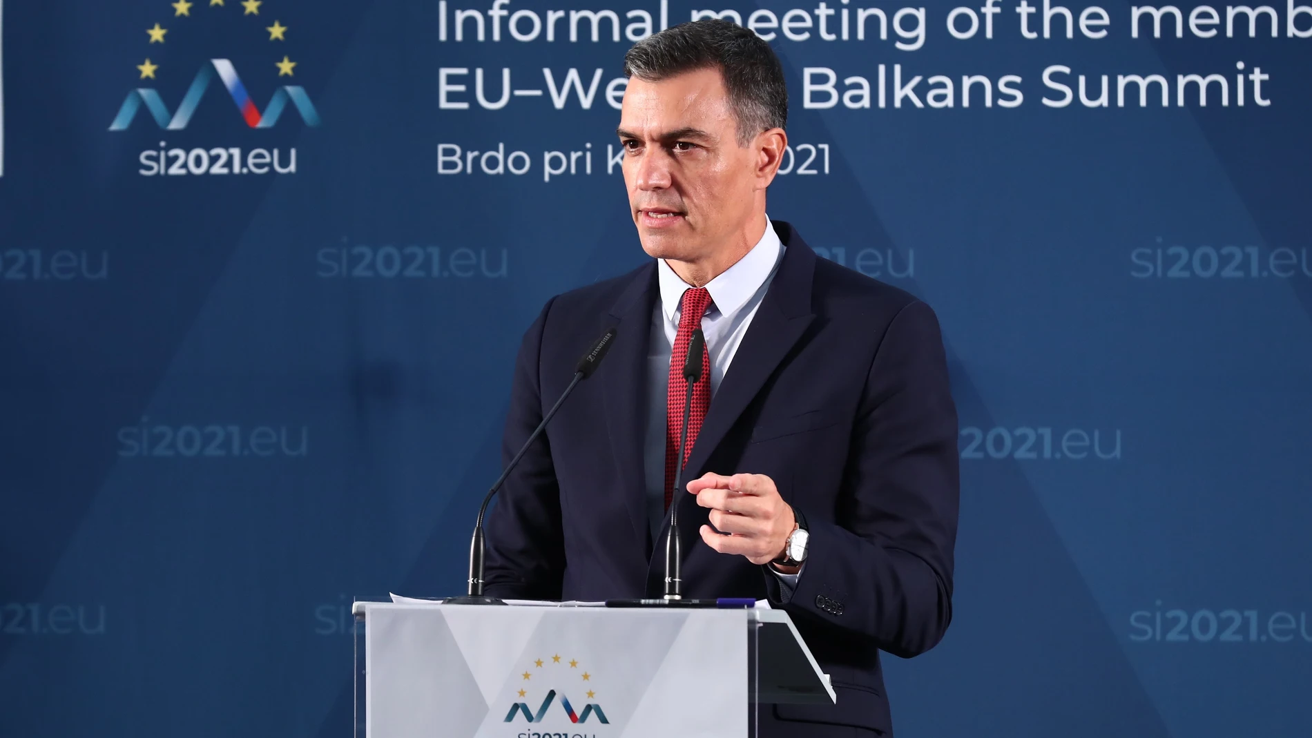 El presidente del Gobierno, Pedro Sánchez, durante la cumbre UE-Balcanes en Eslovenia