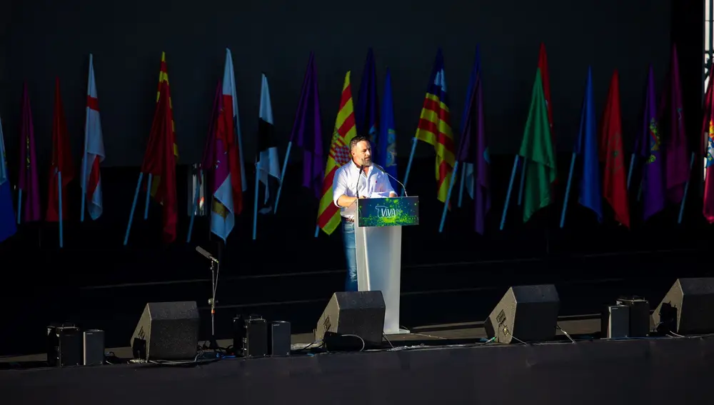 El líder de Vox, Santiago Abascal en el &quot;España Viva&quot; que el partico ha organizado en recinto ferial de Ifema