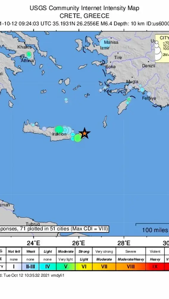 Mapa del terremoto que se ha dejado sentir hoy en Creta, dos semanas después del último gran temblor