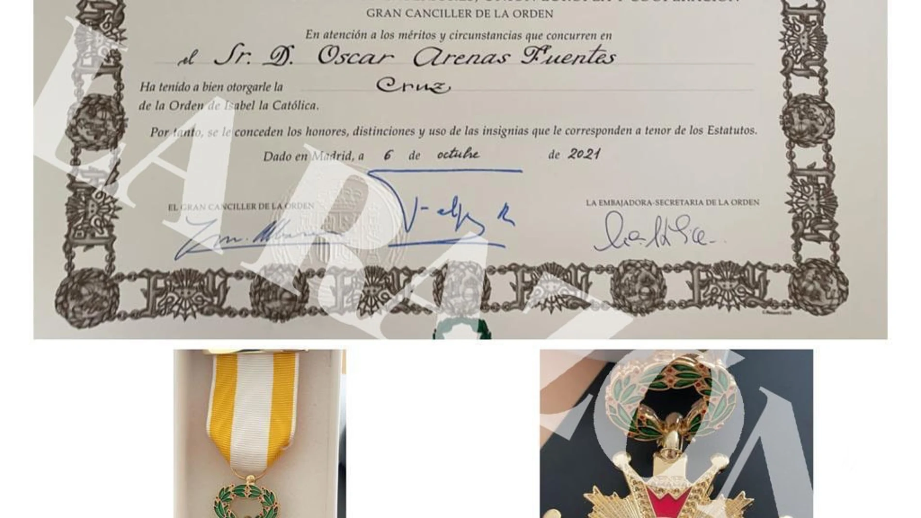 Condecoración de la Orden de Isabel la Católica concedida al Teniente Oscar Arenas