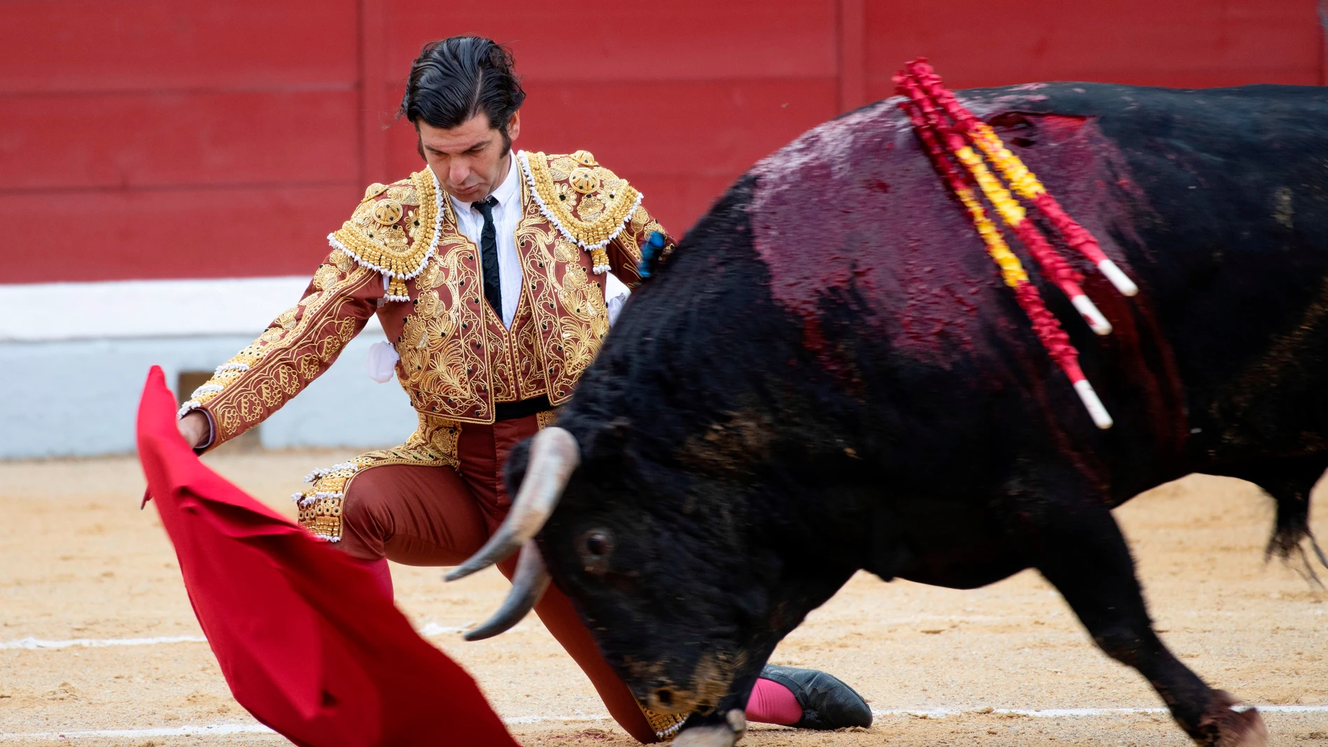 El diestro Morante de la Puebla en su primer toro de la tarde durante la Feria de San Lucas en Jaén, este sábado. EFE/José Manuel Pedrosa