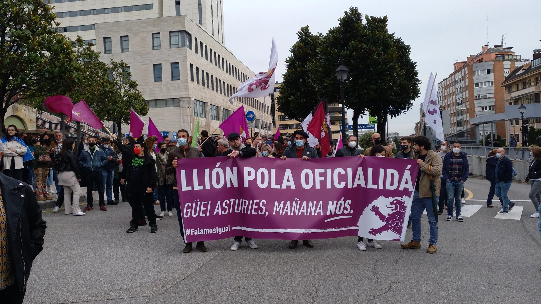 Miembros del colectivo ciudadano por la región Leonesa en la manifestación por las calles de Oviedo en defensa de la oficialidad de la lengua asturleonesa