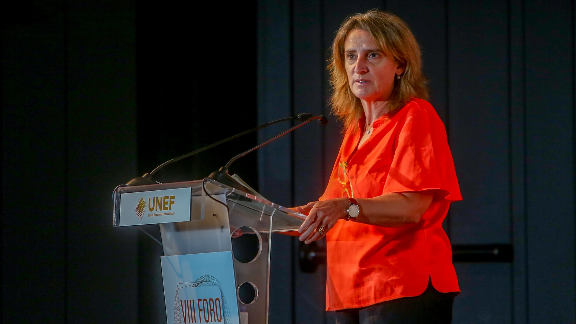 La vicepresidenta tercera y ministra para la Transición Ecológica y el Reto Demográfico, Teresa Ribera, hoy en un acto de UNEF