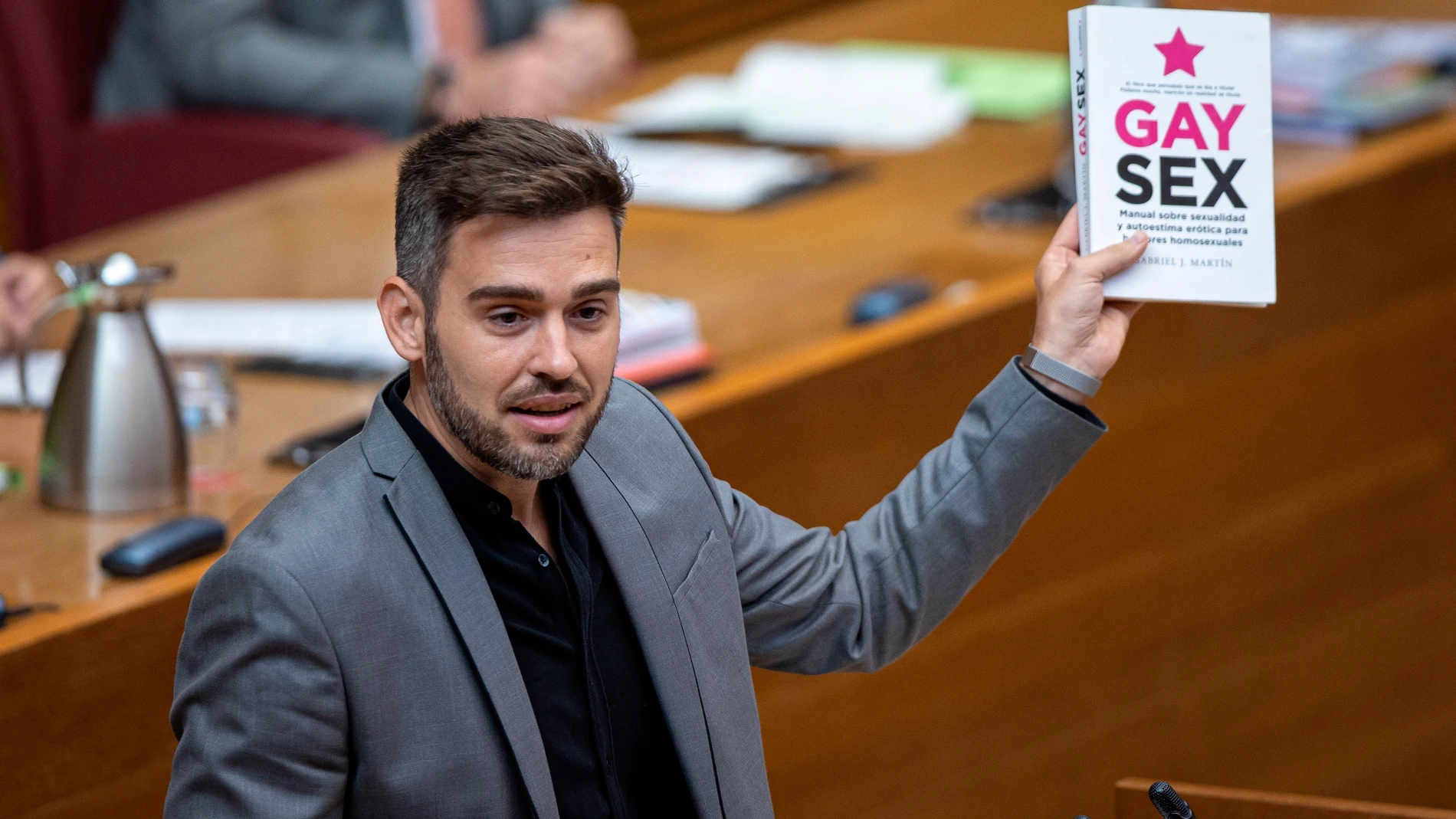 El portavoz del grupo parlamentario Compromís, Fran Ferri, ha mostrado el libro "Gay Sex" en la tribuna de Les Corts