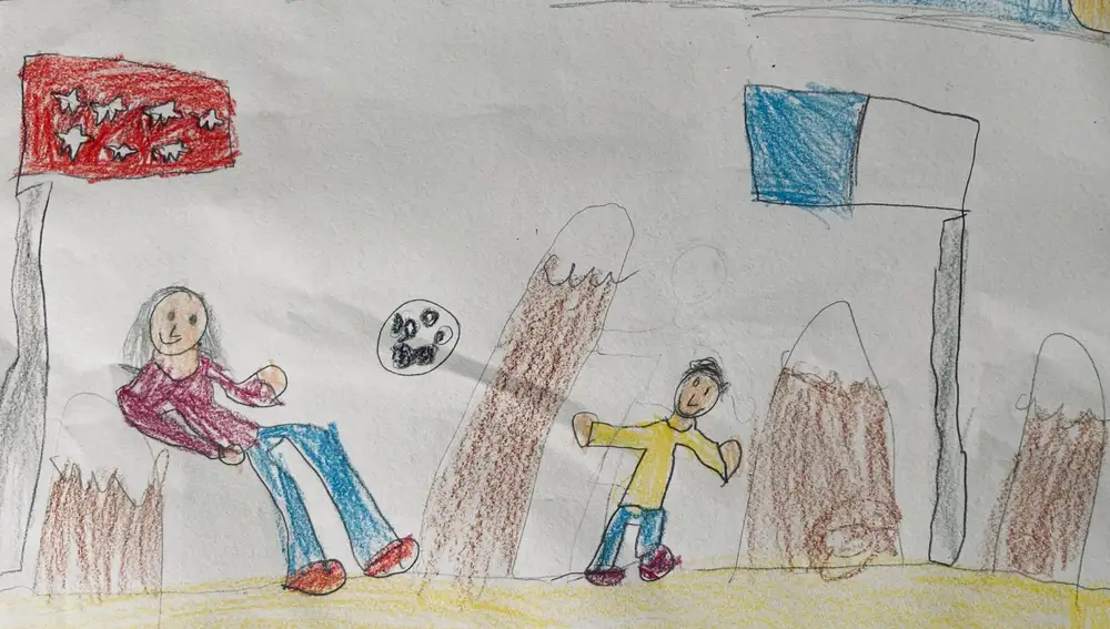Otro dibujo de un niño madrileño donde dos menores juegan al fútbol