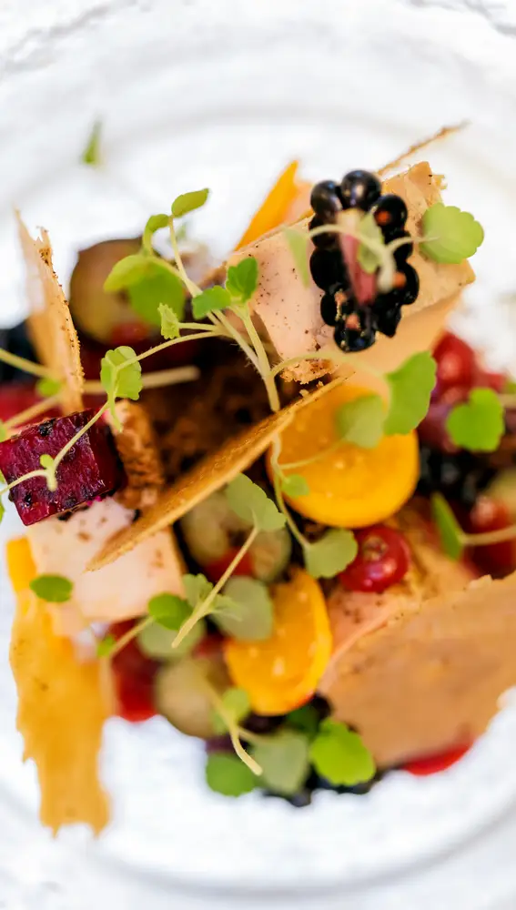 Cubos de foie gras con migas dulces, frutas rojas y hojas ecológicas.