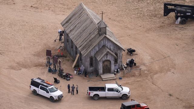 This aerial photo shows the Bonanza Creek Ranch in Santa Fe, N.M., Saturday, Oct. 23, 2021. Actor Alec Baldwin fired a prop gun on the set of a Western being filmed at the ranch on Thursday, Oct. 21, killing the cinematographer, officials said. (AP Photo/Jae C. Hong)
