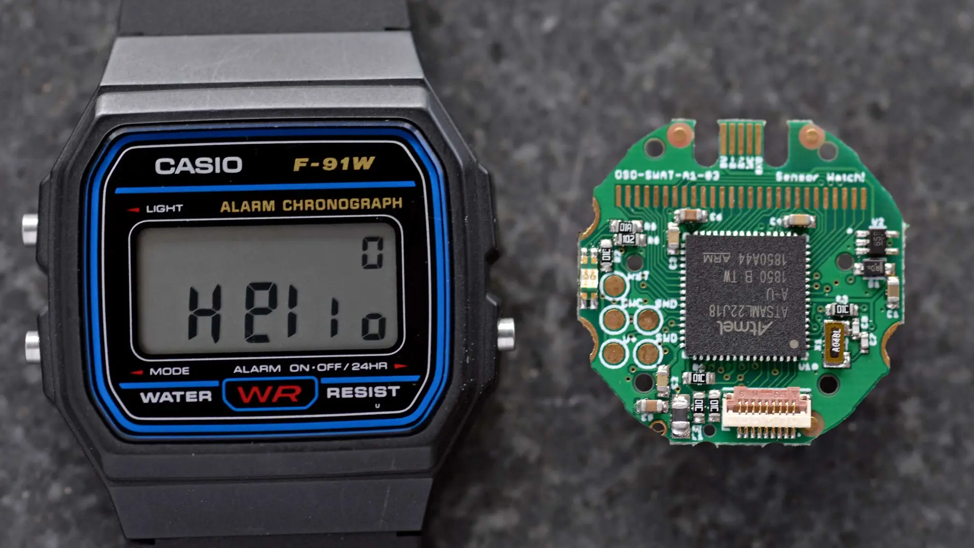 El Casio F-91W convertido en el Sensor Watch y su circuitería interna.
