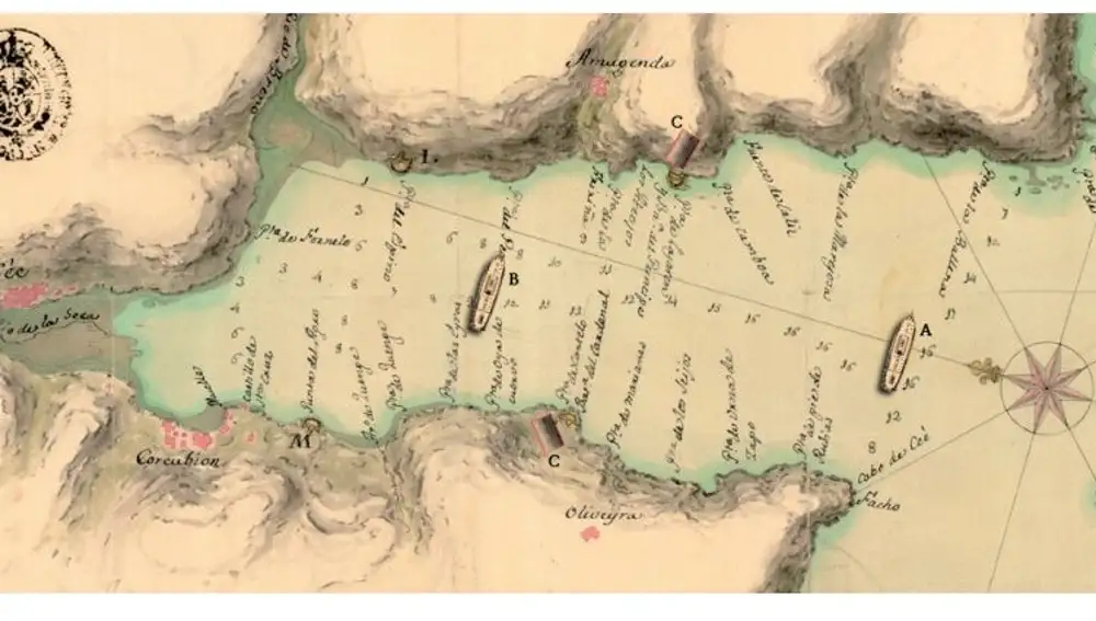 Grabado de la entrada a la ría de Corcubión donde permaneció el "Glorioso"