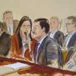 FILE - In this July 17, 2019 file photo of a courtroom sketch, Joaquin "El Chapo" Guzman, second from right, listens to his sentence via interpreter while surrounded by U.S. Marshals and flanked by his defense attorney Marc Fernich, during his sentencing in federal court in New York. Lawyers for the Mexican drug kingpin, who was convicted in February 2019 on multiple conspiracy counts in an epic drug-trafficking case and was sentenced to life behind bars in a U.S. prison, are appealing on Oct. 25, 2021 in hopes of overturning his life sentence. (Elizabeth Williams via AP, File)