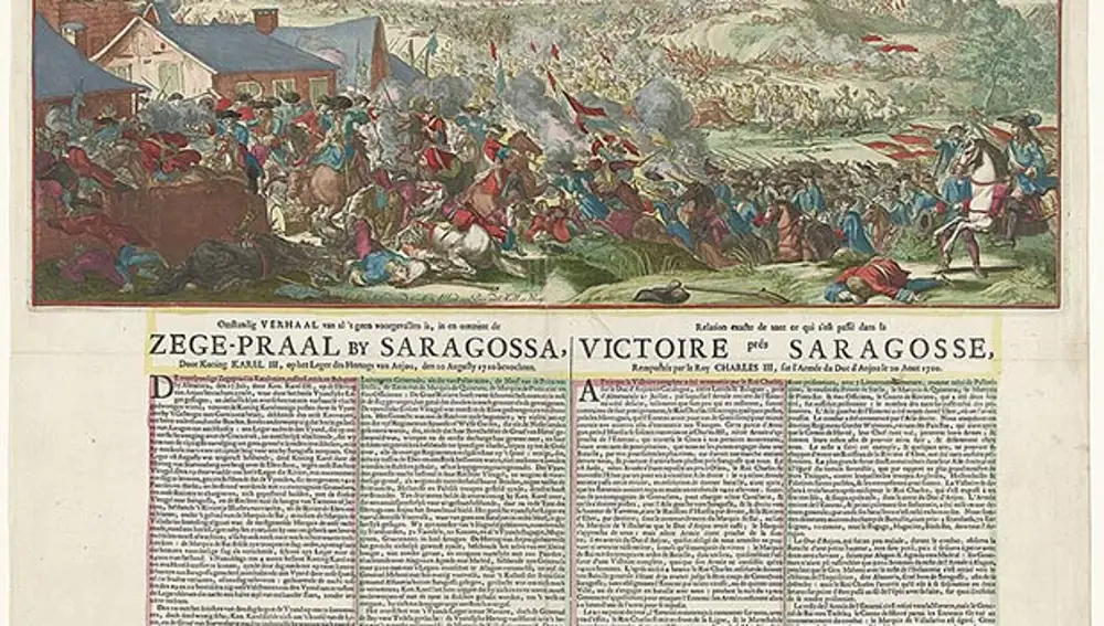 Victoria de las tropas aliadas del archiduque Carlos sobre los franceses cerca de Zaragoza. Aguafuerte coloreado impreso en Ámsterdam por Abraham Allard