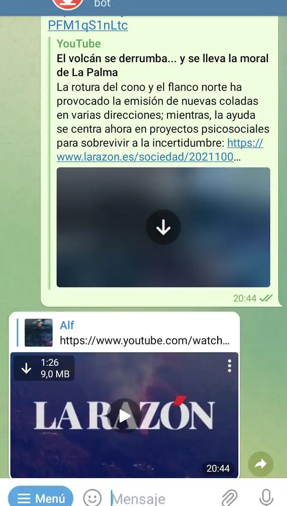 En este ejemplo, el bot devuelve instantáneamente un vídeo de YouTube para descargar.