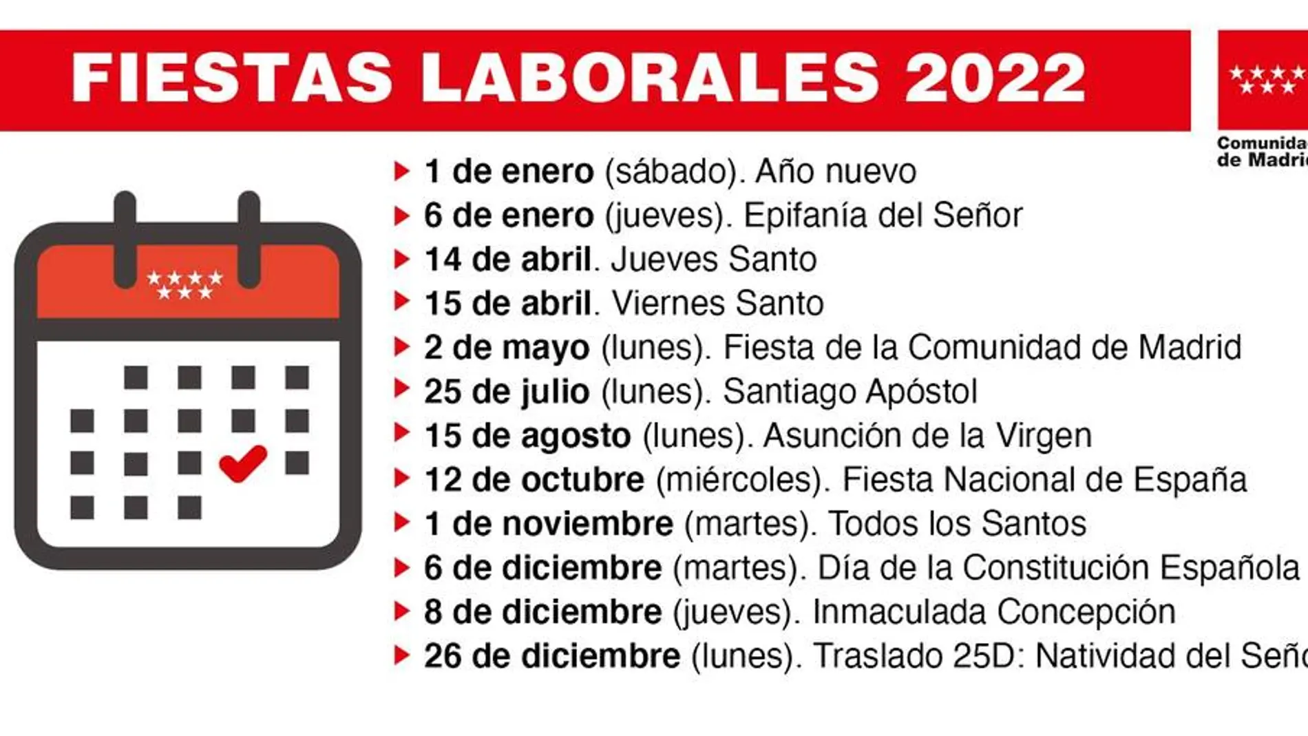 Calendario laboral de 2022 en Madrid